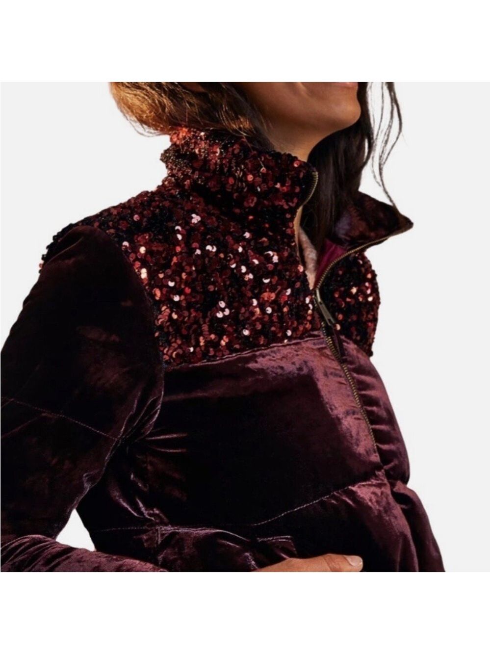 Anthropologie Maeve Vera Sequined Velvet Puffer Bomber Jacket XL Wine winter